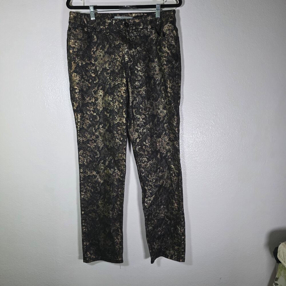 Chico's Black and Gold Floral-Print Flare Jeans